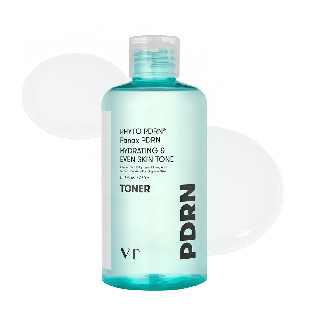 VT COSMETICS PDRN Toner bottle front view shows sleek packaging and hydration benefit