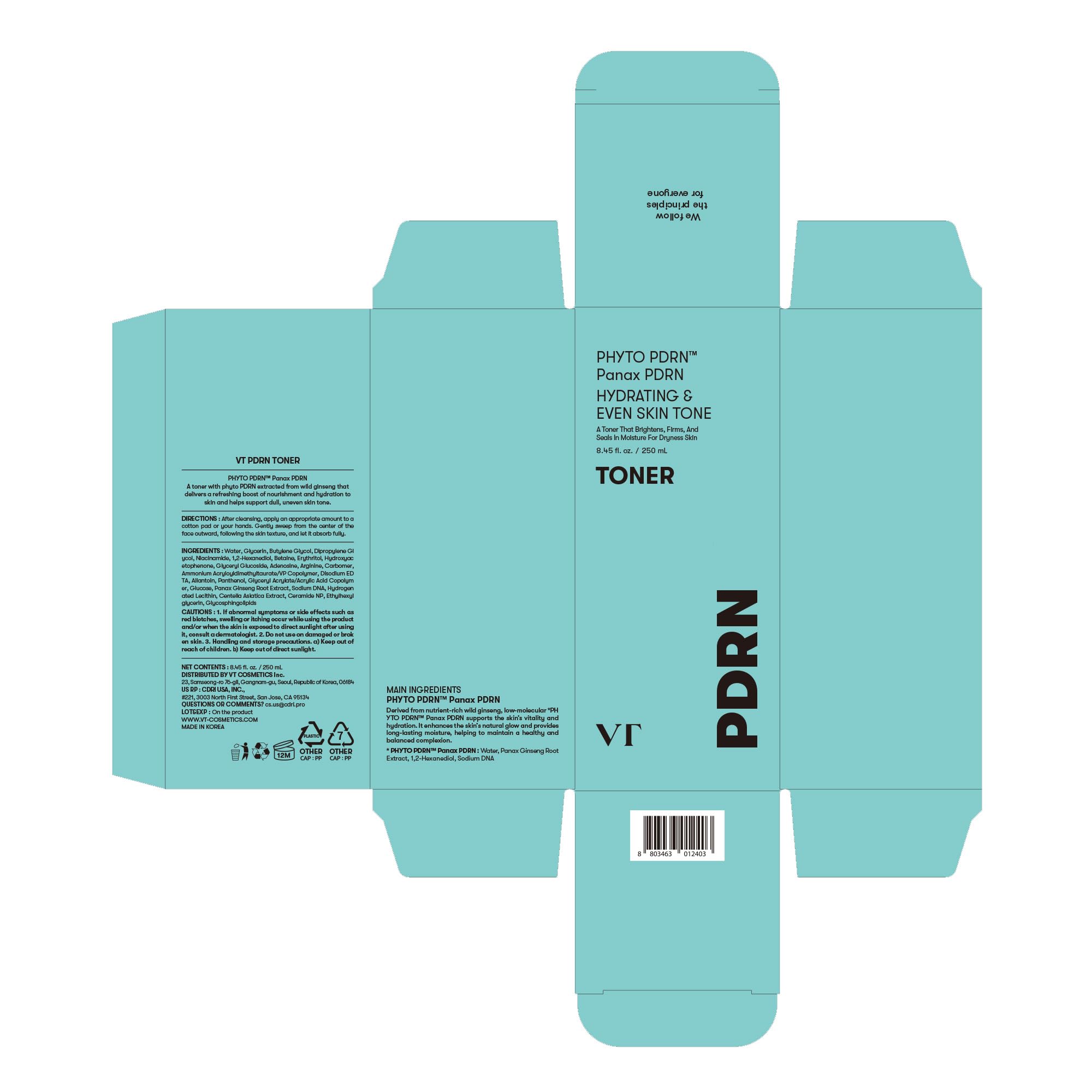 VT COSMETICS PDRN Toner styled on bathroom shelf conveying daily routine ease