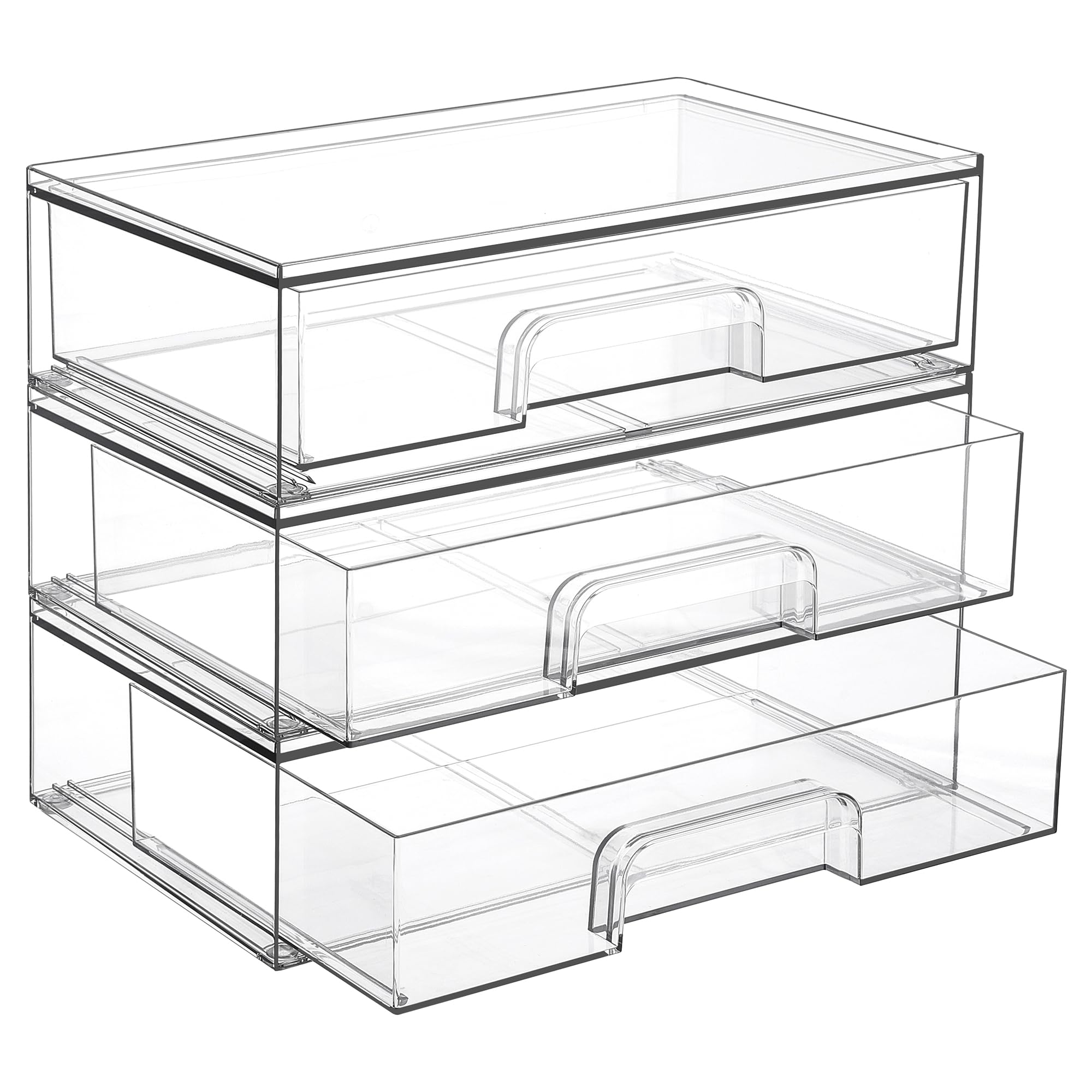 Vtopmart front view of three clear stackable organizers showing neat storage benefit