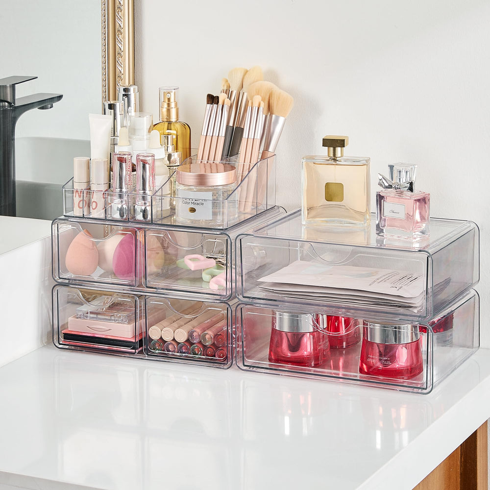 Vtopmart filled with makeup demonstrating capacity for palettes, brushes, and lipsticks