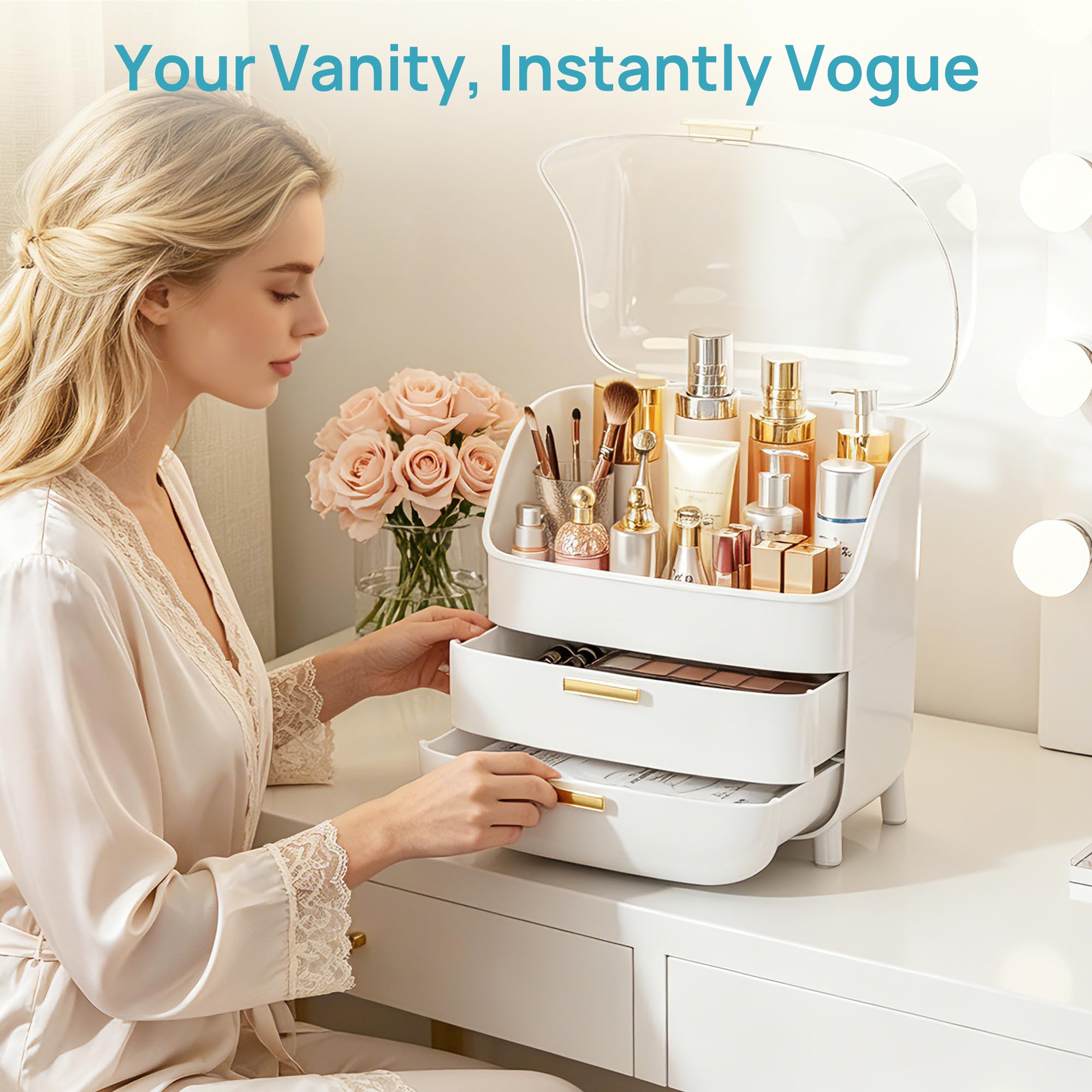 Vtopmart on a vanity showing streamlined routine and space-saving benefit
