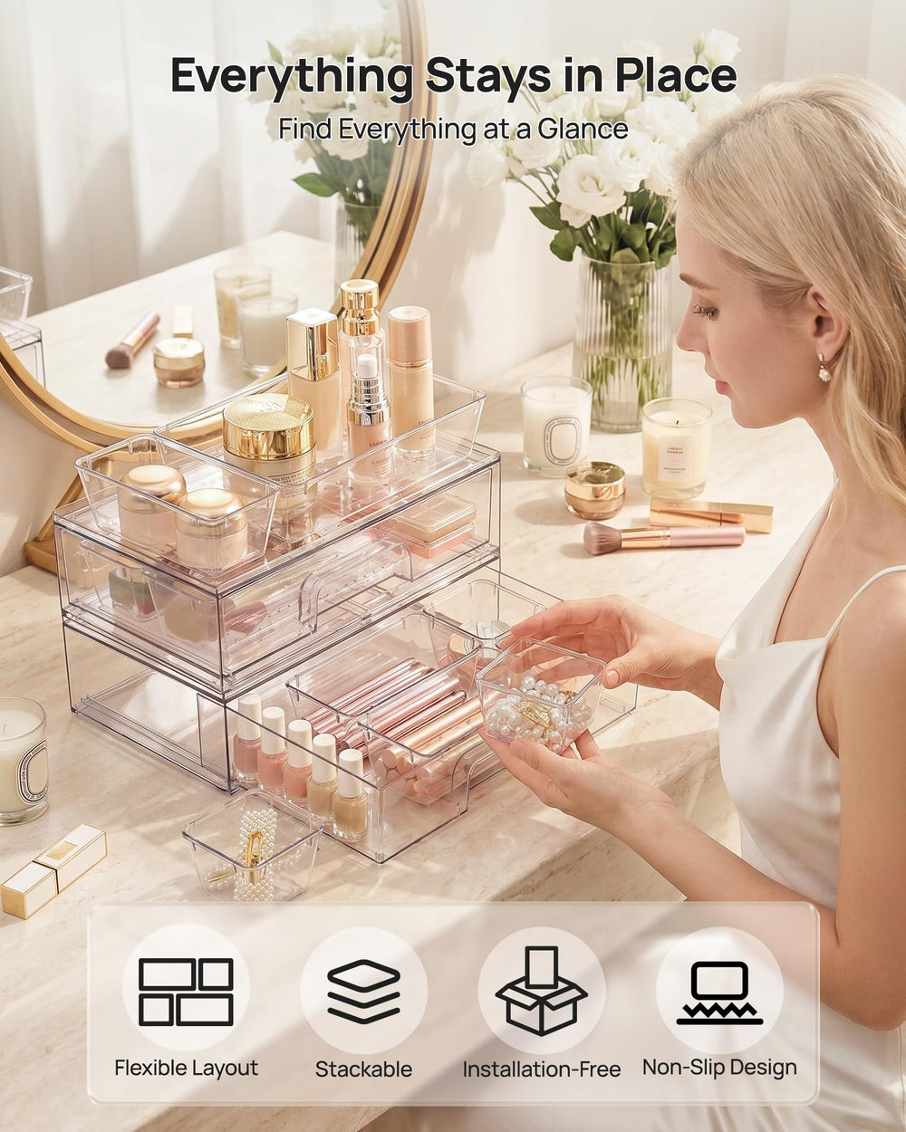 Vtopmart tray close-up showing compartments that keep makeup separated and neat