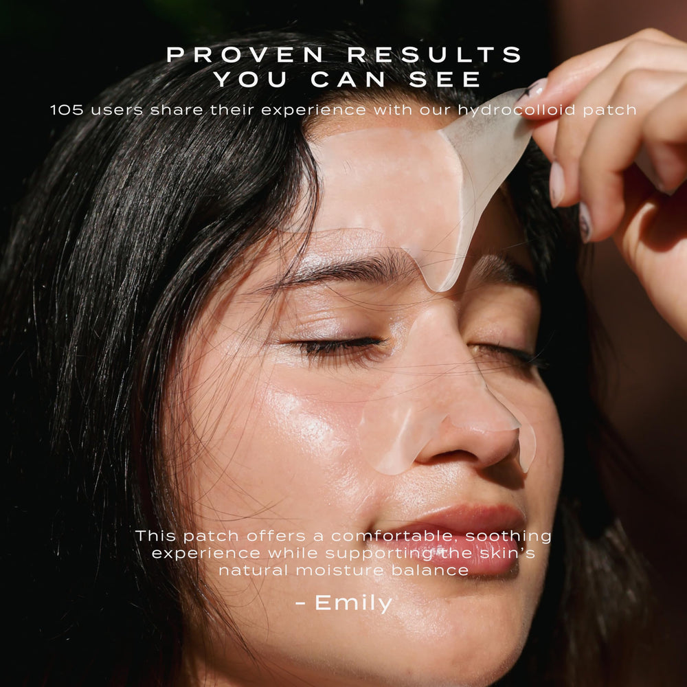 Vue patch applied to a forehead demonstrating discreet wear benefit
