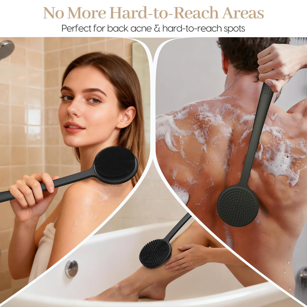 VWMYQ back scrubber in use across shoulder demonstrating easy reach benefit