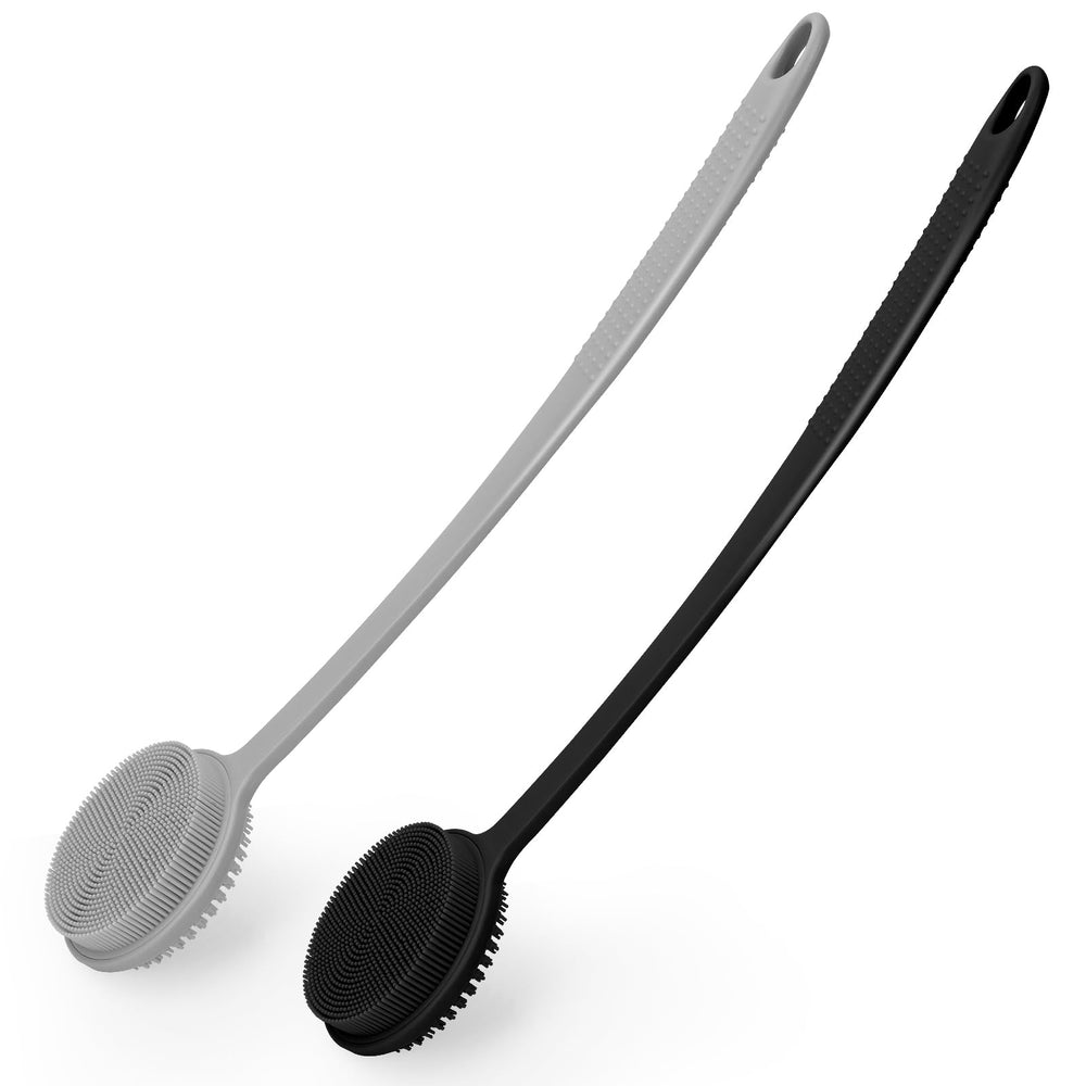 VWMYQ front view of silicone back scrubber showing double-sided head and handle benefits