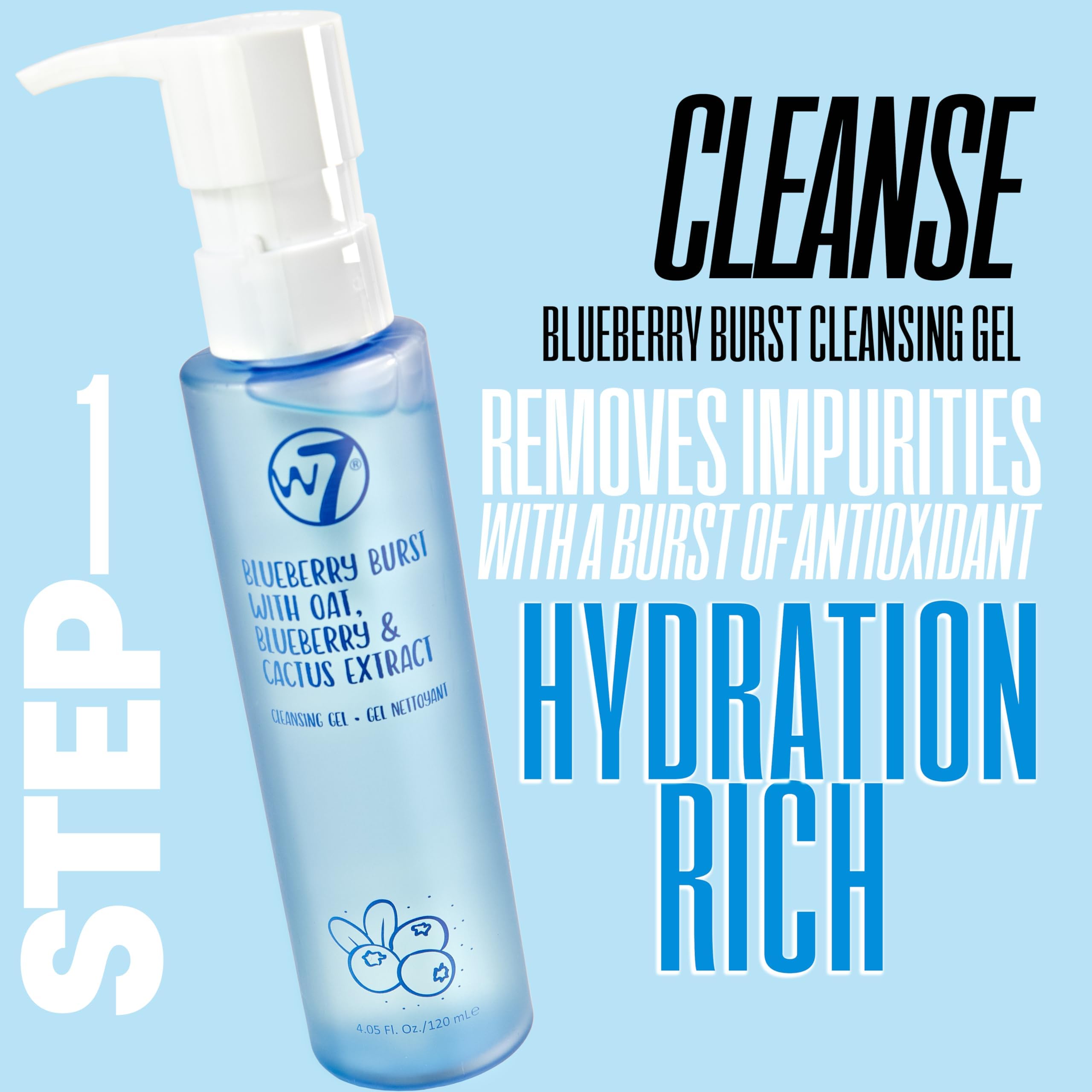 W7 Blueberry Burst cleanser pump close-up highlighting gentle hydrating gel