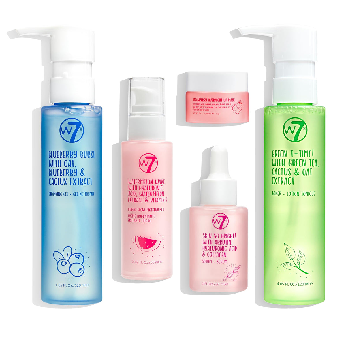 W7 front packaging showing full five-step kit and quick routine benefits