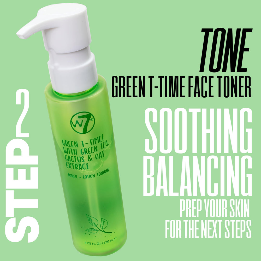 W7 Green T-Time toner spritz in hand showing soothing, balancing effect