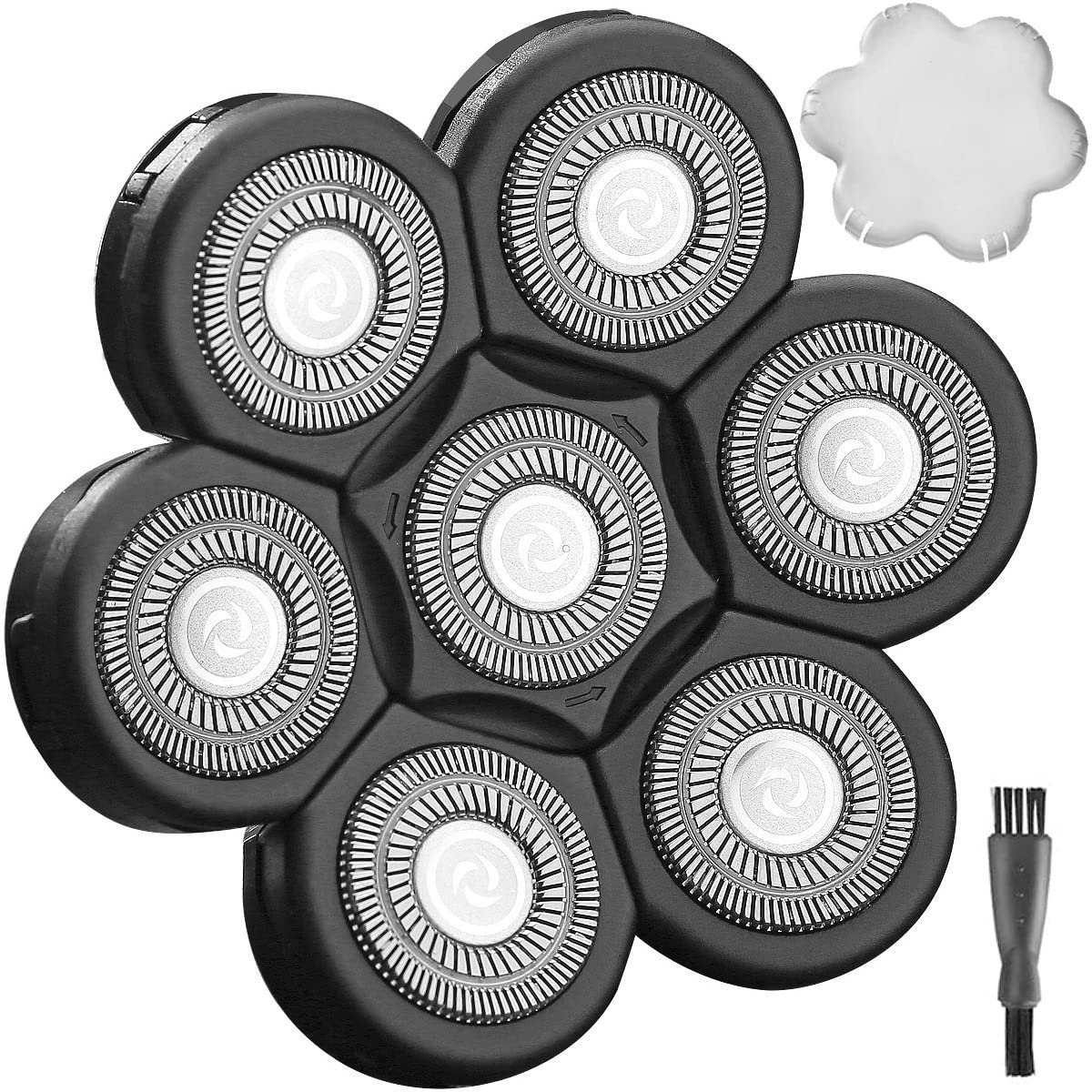 WAHFOX front view of seven 7D replacement heads showing packaging and included tools for easy refresh