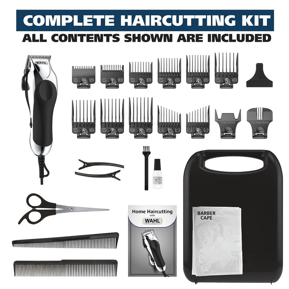 Wahl chrome pro accessories laid out including oil and brush for easy maintenance