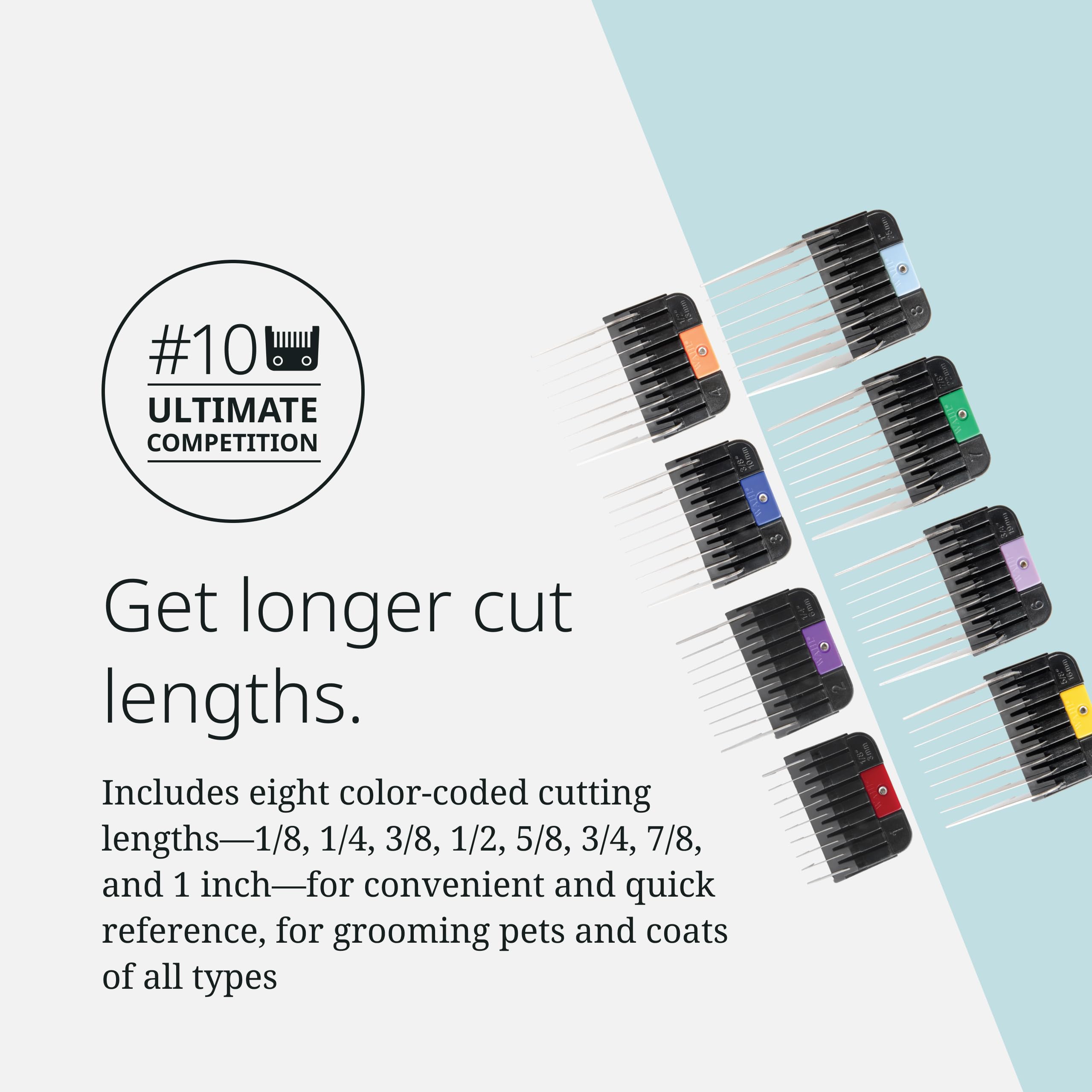 Wahl combs beside ruler for size comparison and accurate length control benefit