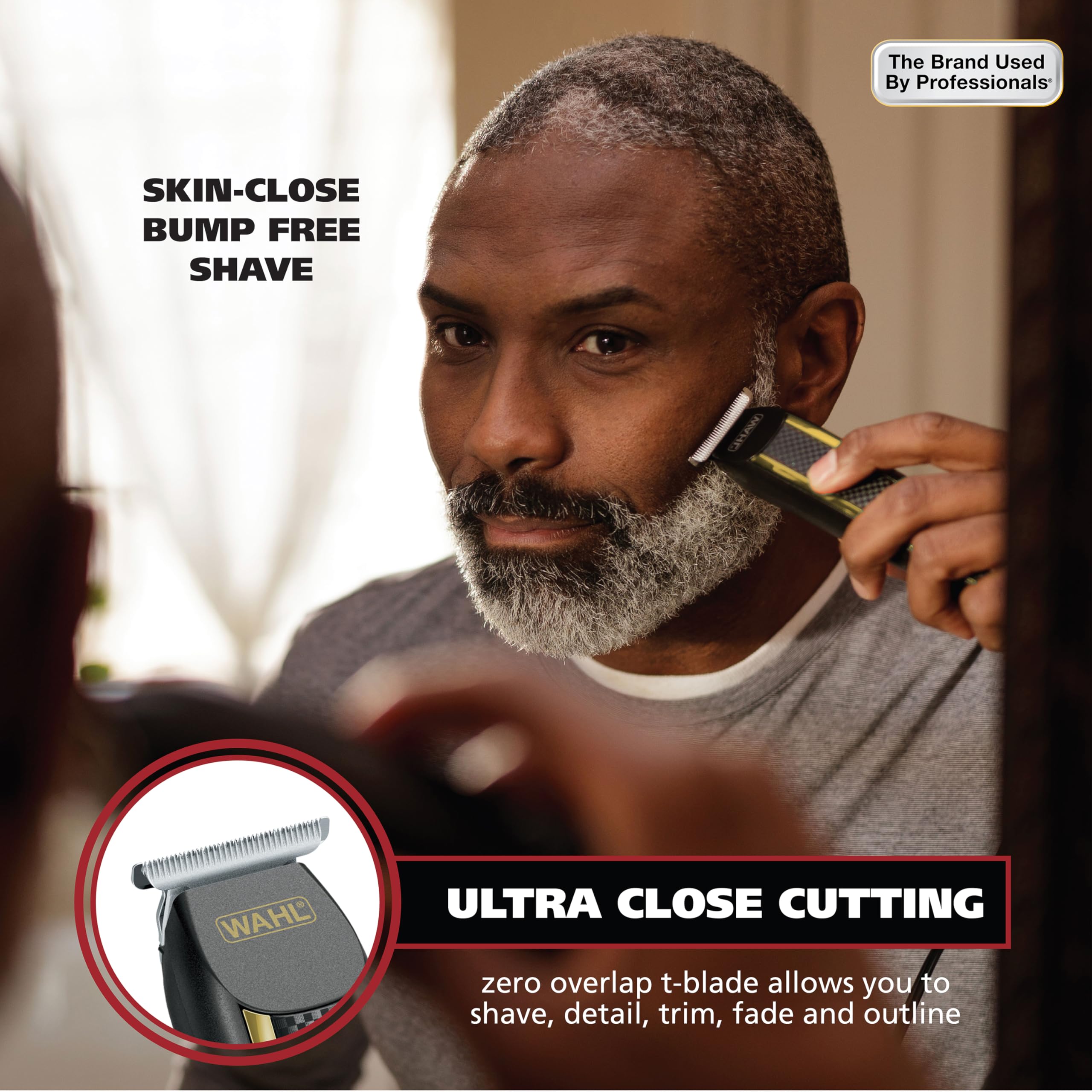 Wahl Edge Pro T-blade close-up showing blade detail and benefit: precise crisp lines