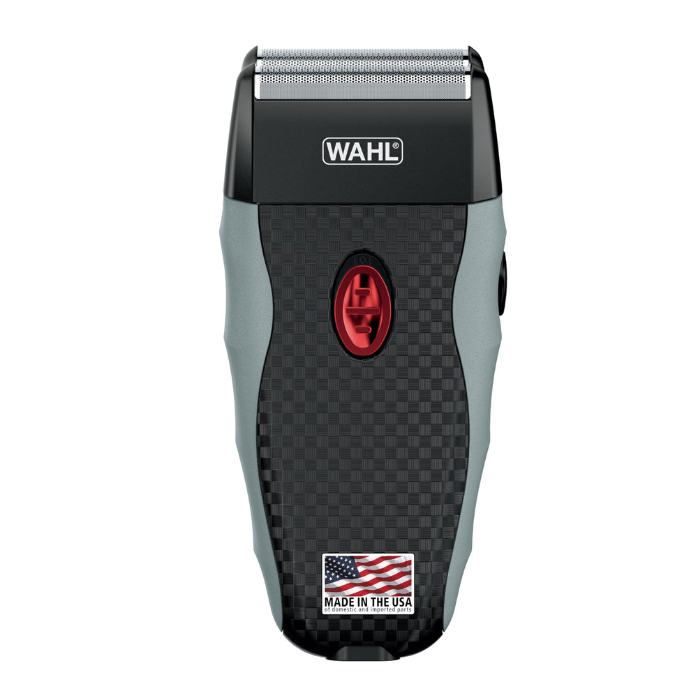 Wahl shaver front view showing dual foils and controls for comfortable shaving