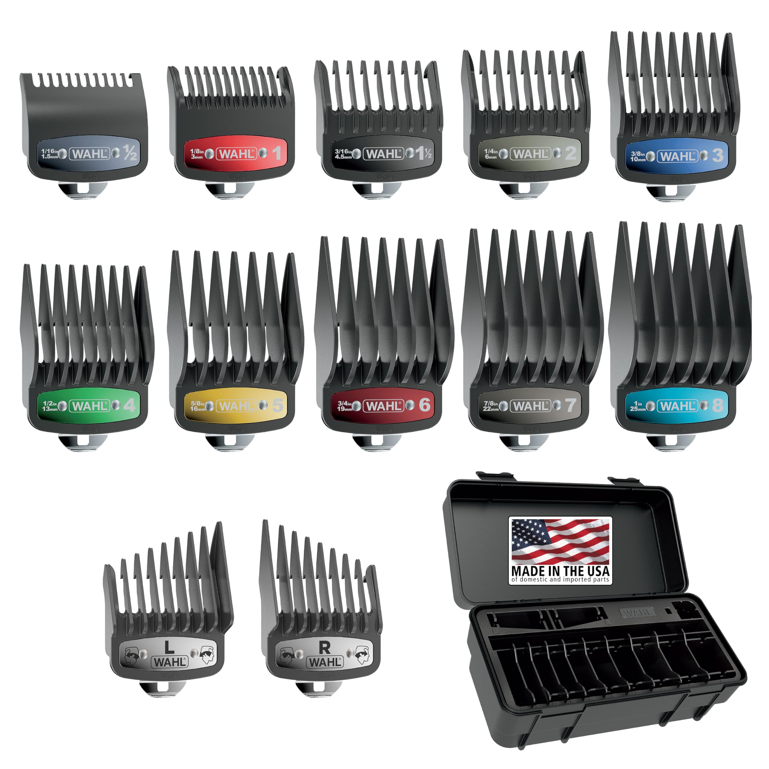 Wahl front packaging showing 12 guards and caddy, organized and ready