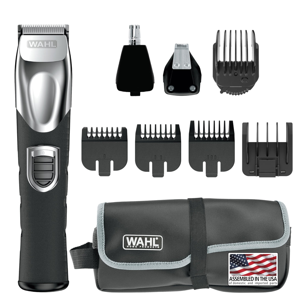 Wahl front view of trimmer showing ergonomic design and full kit convenience