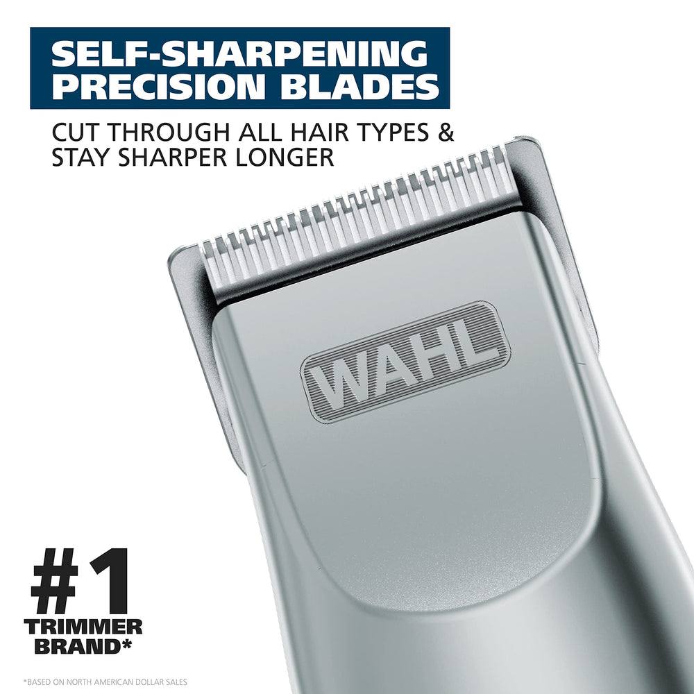 Wahl blade close-up highlighting stainless steel self-sharpening edge benefit