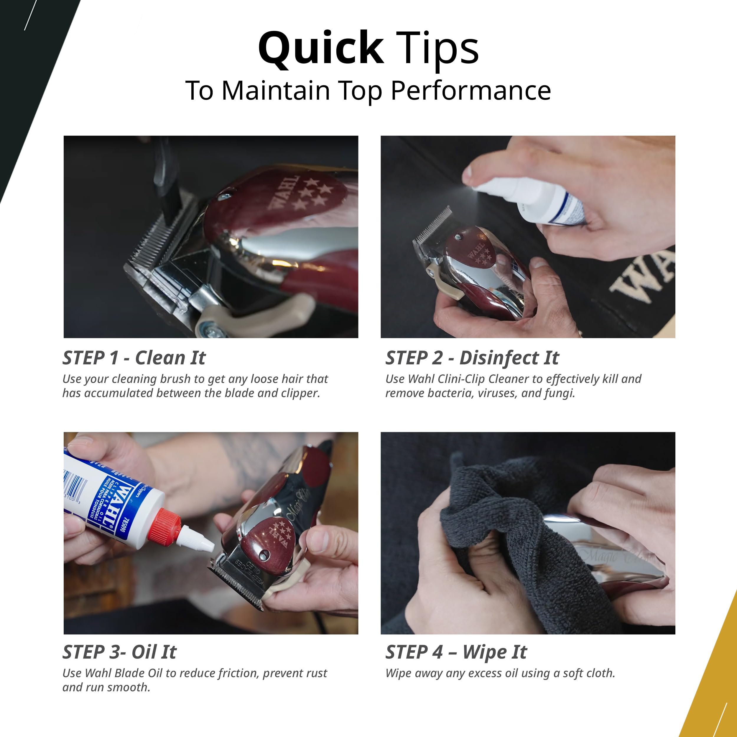 Wahl oil and cleaning brush for simple blade maintenance and longer life