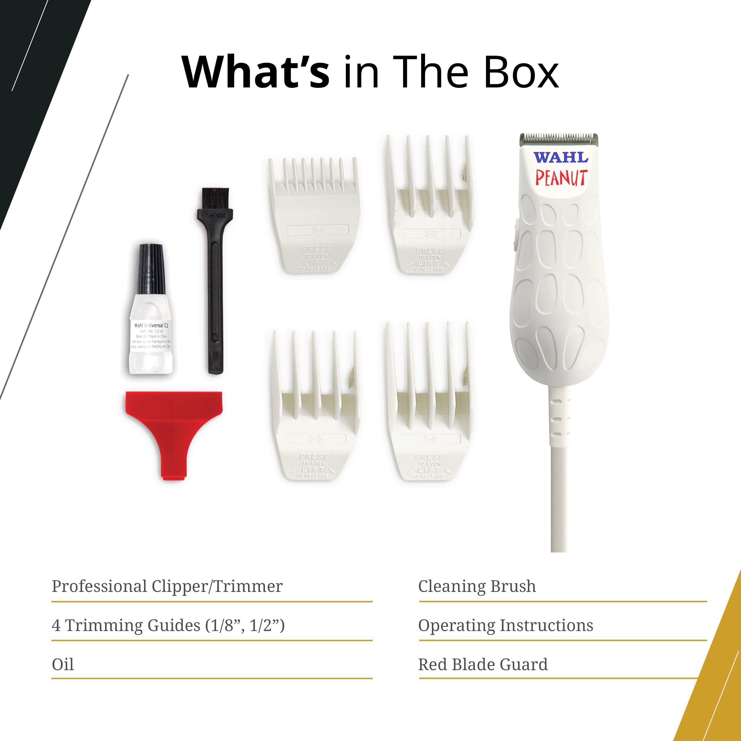 Wahl Professional Peanut accessories laid out including oil and brush for upkeep benefit