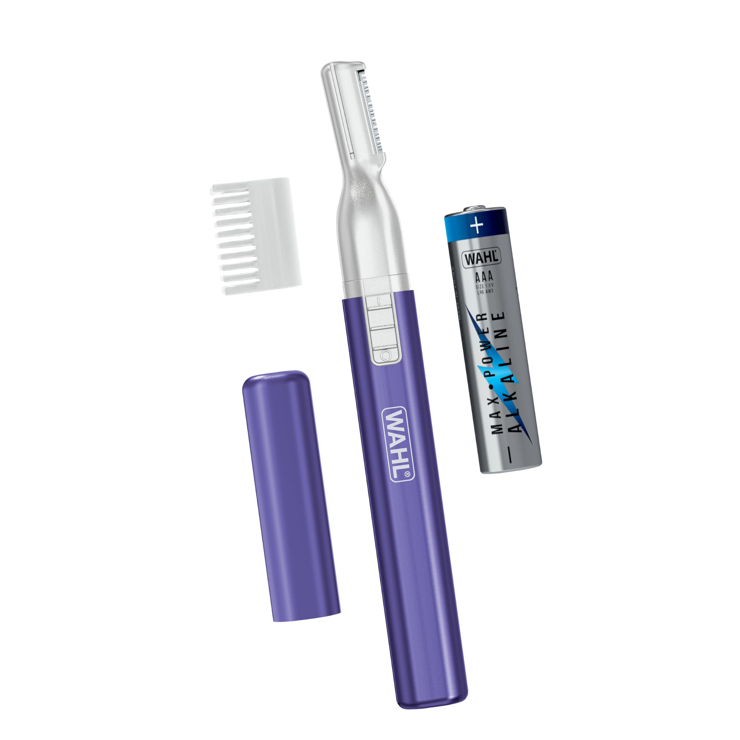 Wahl pen trimmer front view showing compact design and purple finish for easy grooming