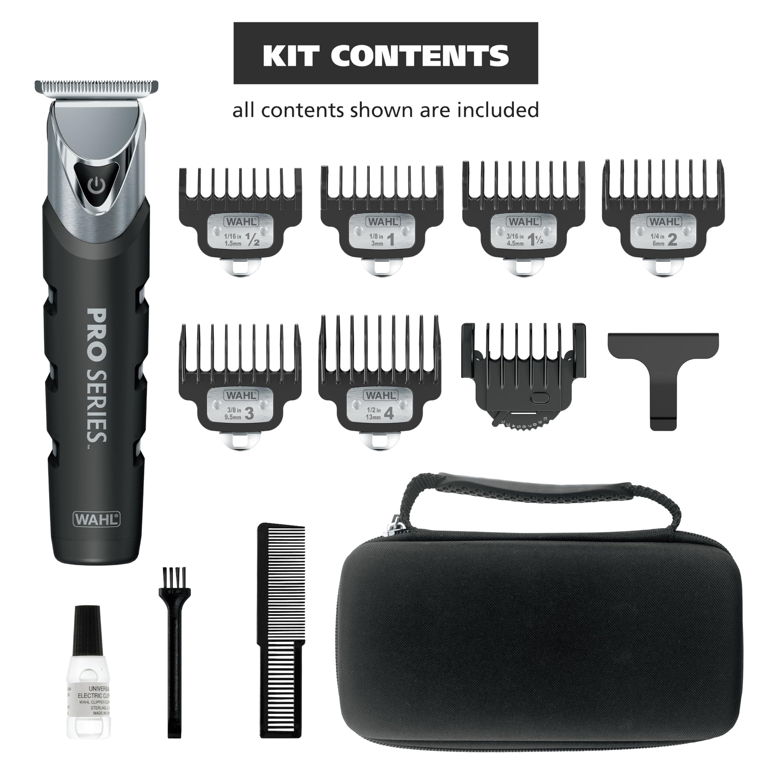 Wahl accessories laid out showing combs and charging cable for complete kit