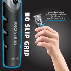 Wahl trimmer in hand showing compact size for easy maneuvering and precision