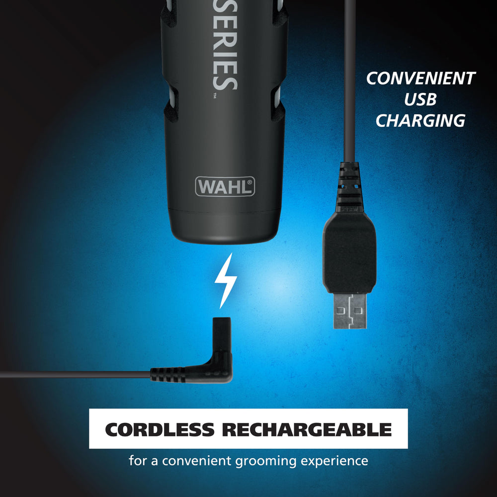 Wahl trimmer styling in bathroom for wet/dry grooming versatility and convenience