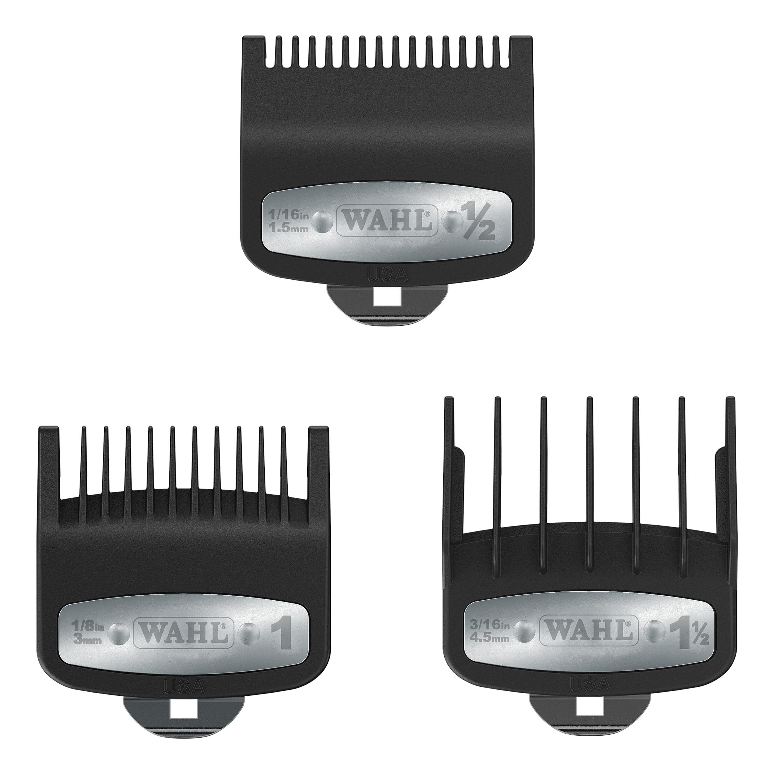 Wahl Professional front packaging showing three secure-fit combs, clear organization benefit