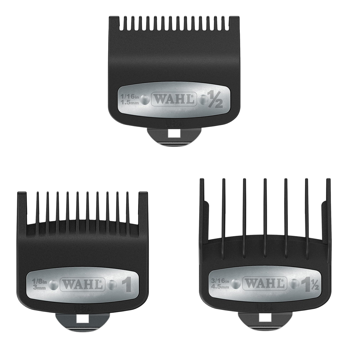 Wahl Professional front packaging showing three secure-fit combs, clear organization benefit