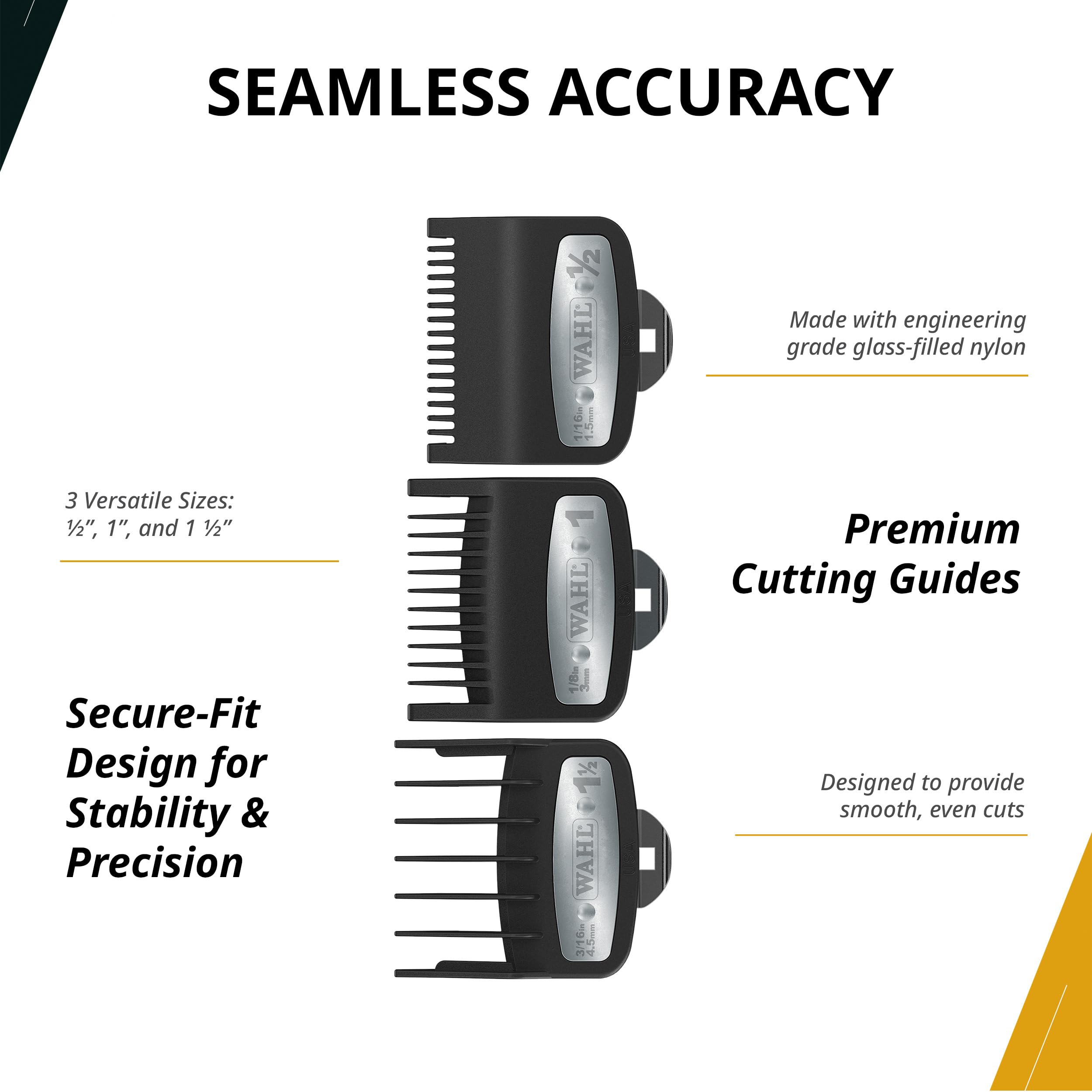 Wahl Professional attachments beside ruler showing exact 1/2, 1, 1 1/2 inch sizes benefit