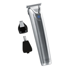 Wahl stainless steel trimmer front view showing sleek design and easy grip
