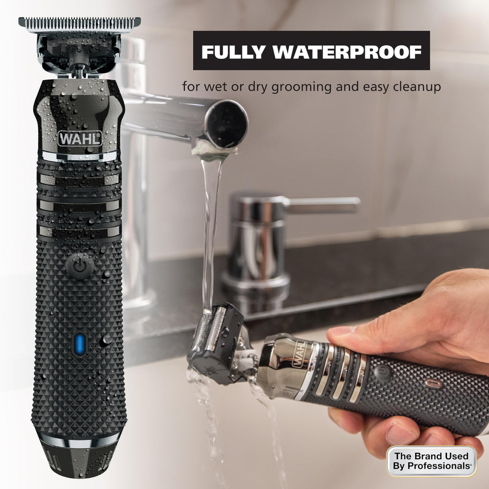 Wahl trimmer used in shower showing waterproof easy-clean benefit