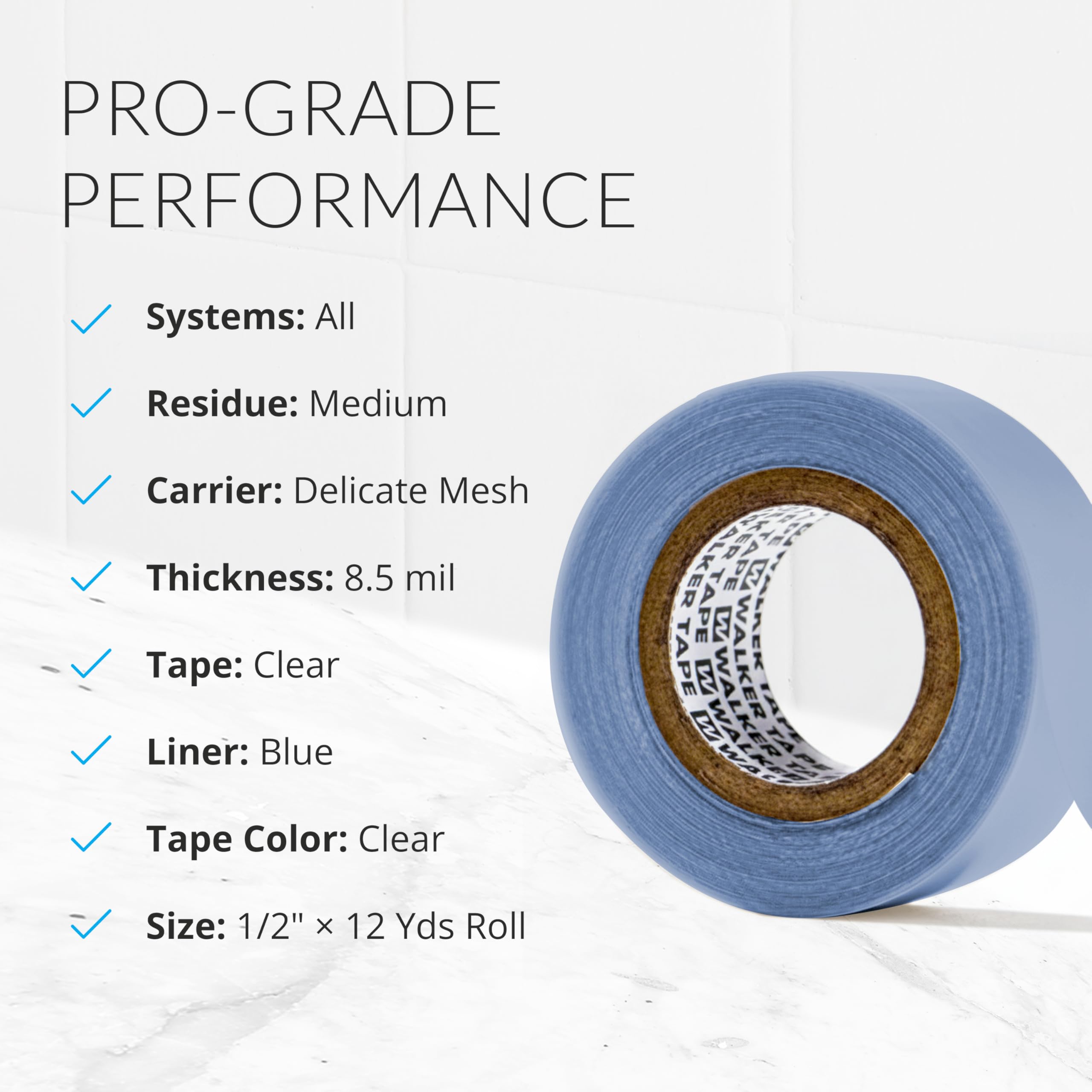 Walker Tape blue liner peeled back revealing clear-drying adhesive benefit