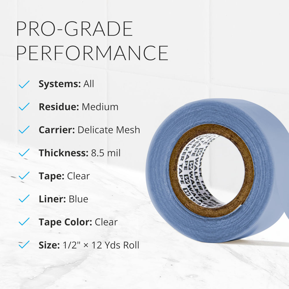 Walker Tape blue liner peeled back revealing clear-drying adhesive benefit