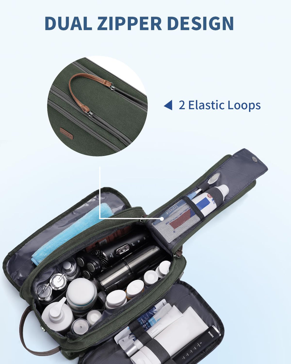 WANDF elastic loops and mesh pouches securing toothbrushes and small items