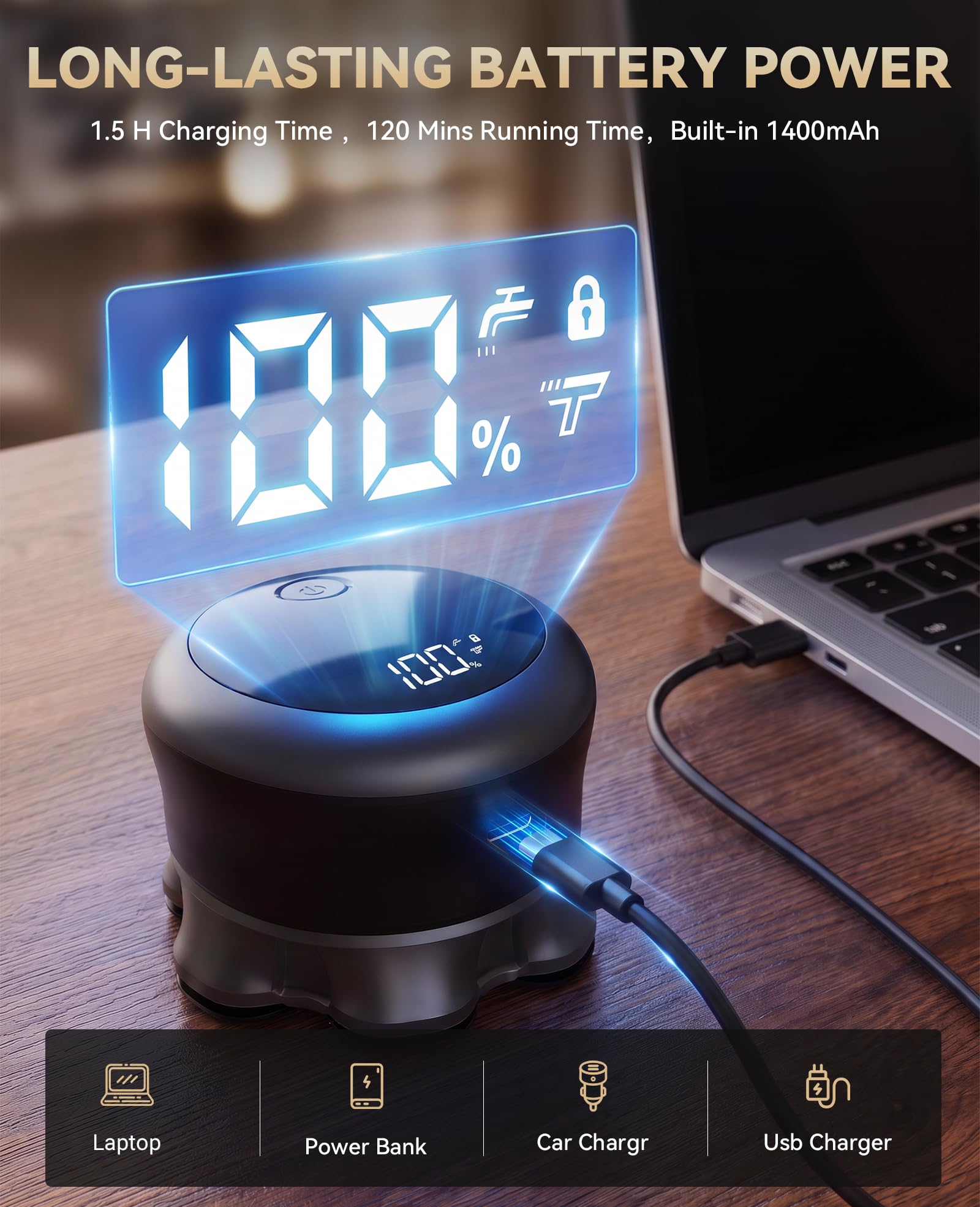 wanfifi led display illuminated showing battery level and mode benefit