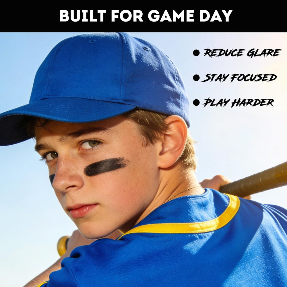 Warmify applied eye black on athlete cheek reducing glare and enhancing focus