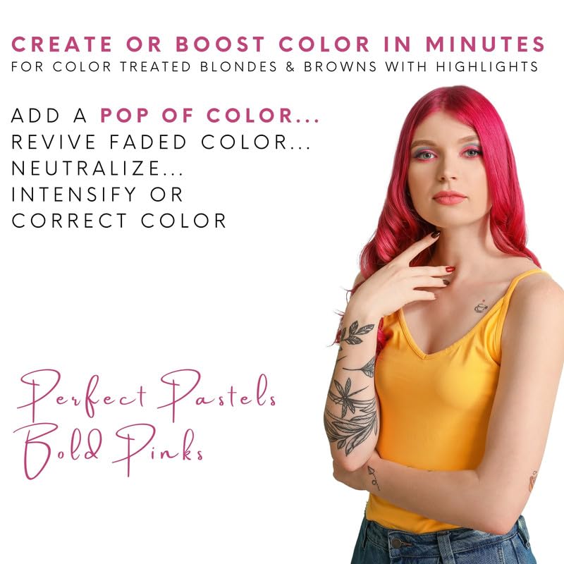 Watercolors pink foam lather on hair illustrating gentle cleansing and color deposit