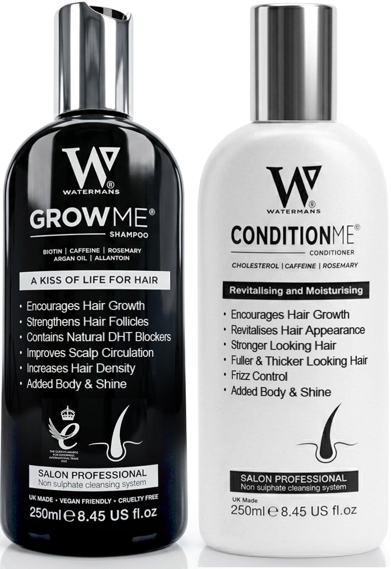 Watermans front packaging showing shampoo and conditioner for easy identification and confidence
