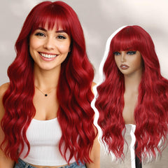 WAVE&BREEZE front view red wig with bangs showing bold style