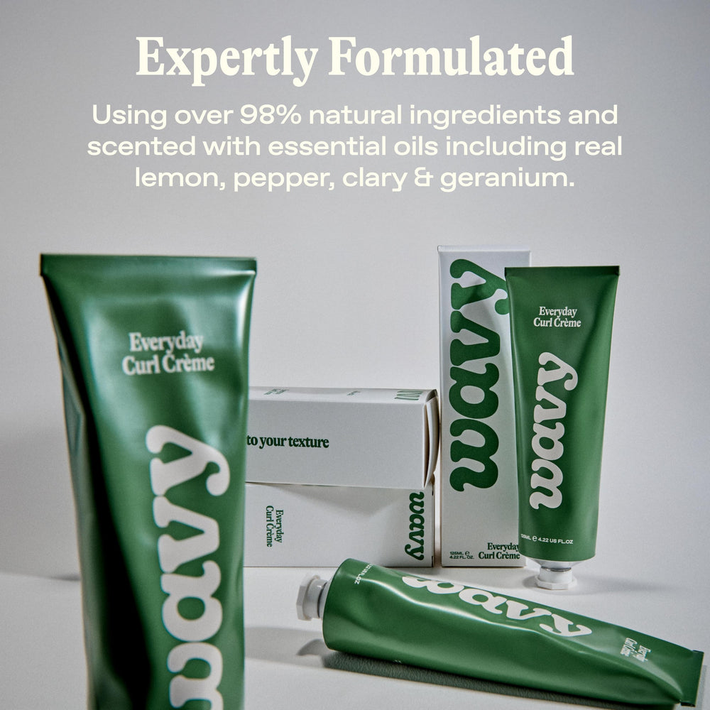 wavy label close-up listing natural ingredients, emphasizes clean formulation
