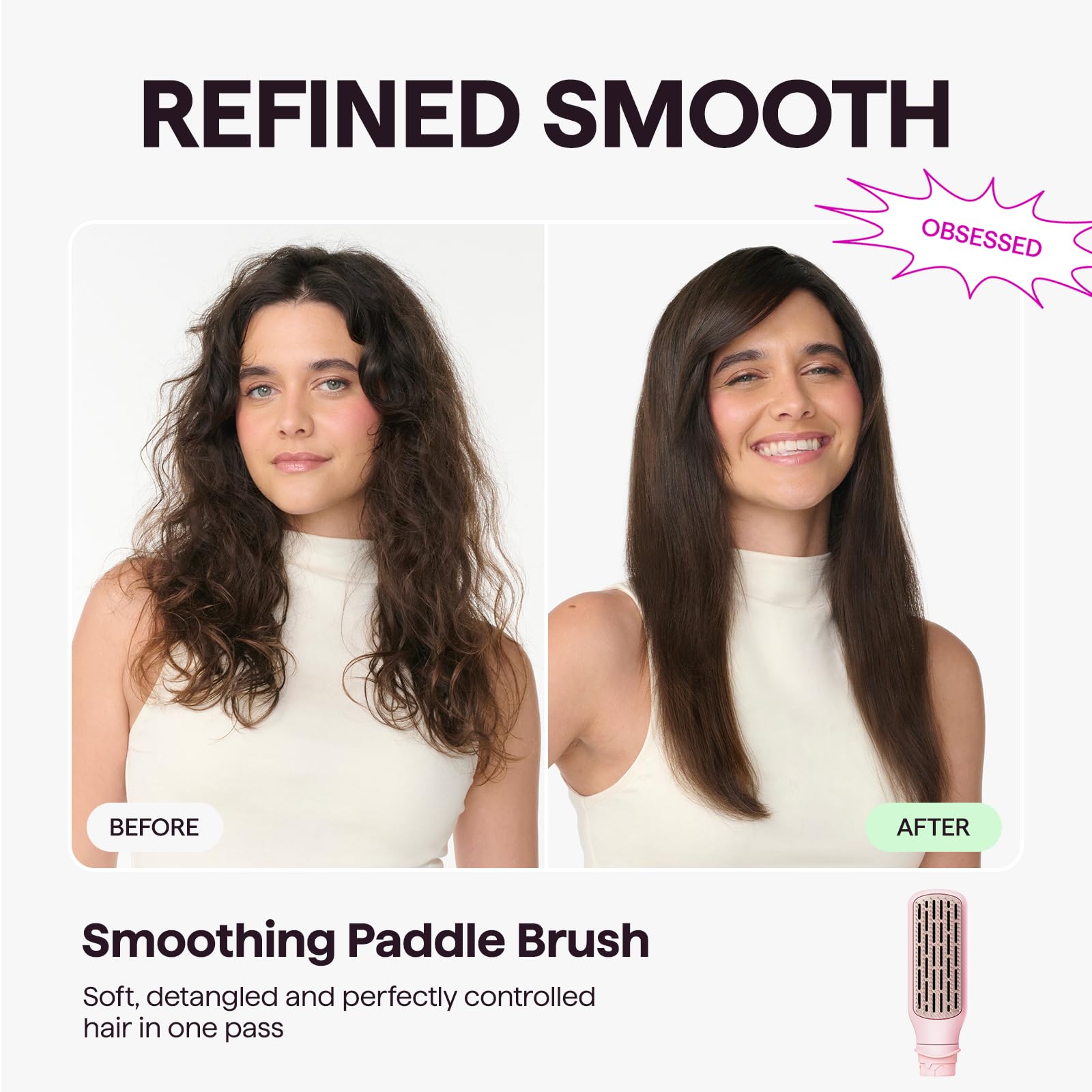 wavytalk smoothing paddle brush in use producing sleek, frizz-controlled finishes with shine