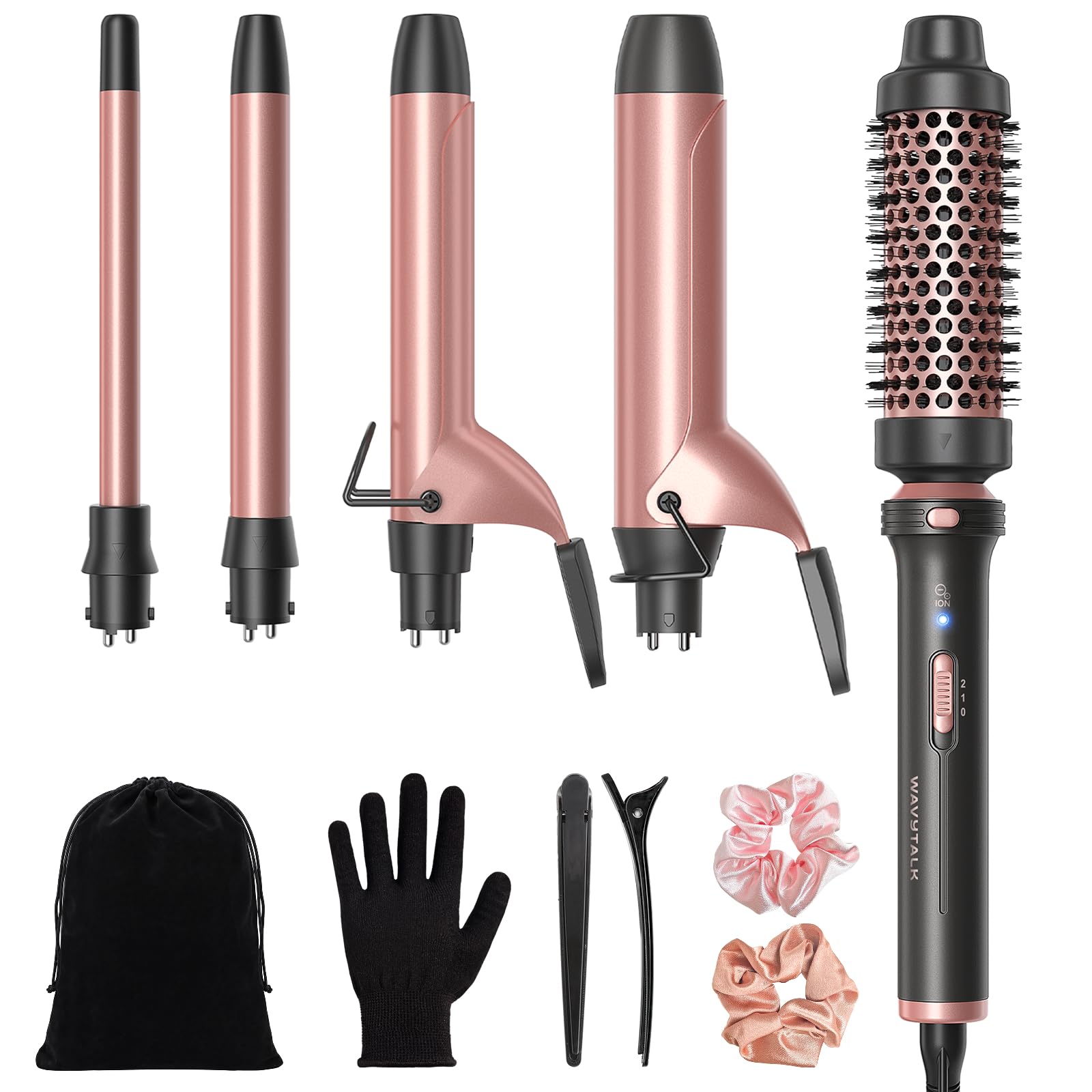 wavytalk front of kit showing base handle and five attachments for versatile styling and portability