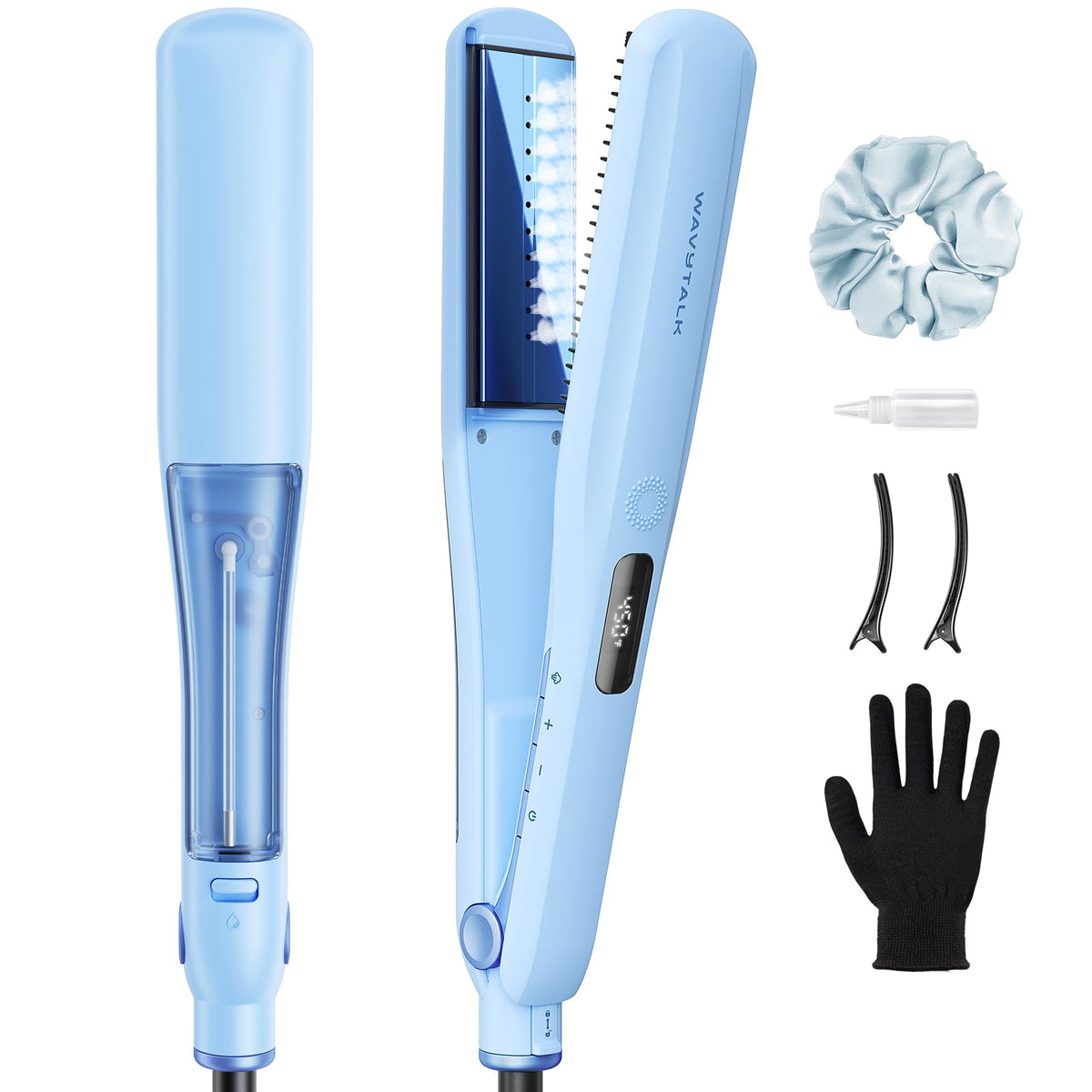 wavytalk front packaging showing the steam flat iron and benefits