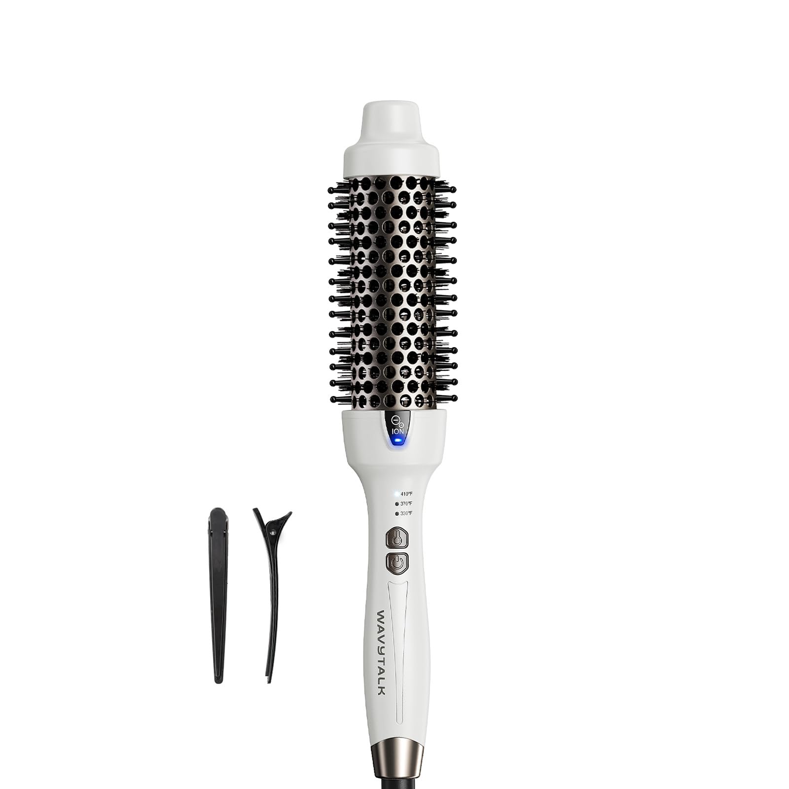 wavytalk front view of heated round brush showing ergonomic handle and barrel for easy styling