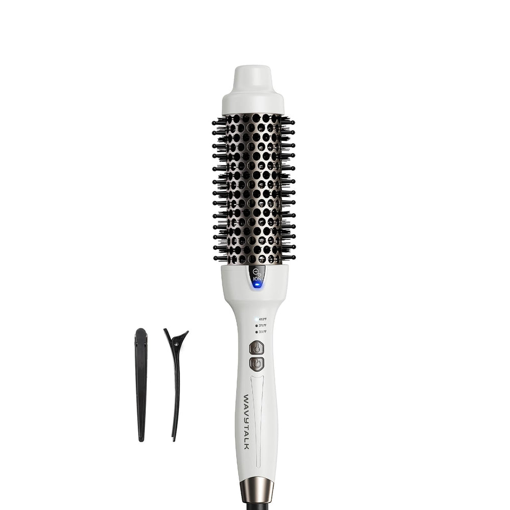 wavytalk front view of heated round brush showing ergonomic handle and barrel for easy styling