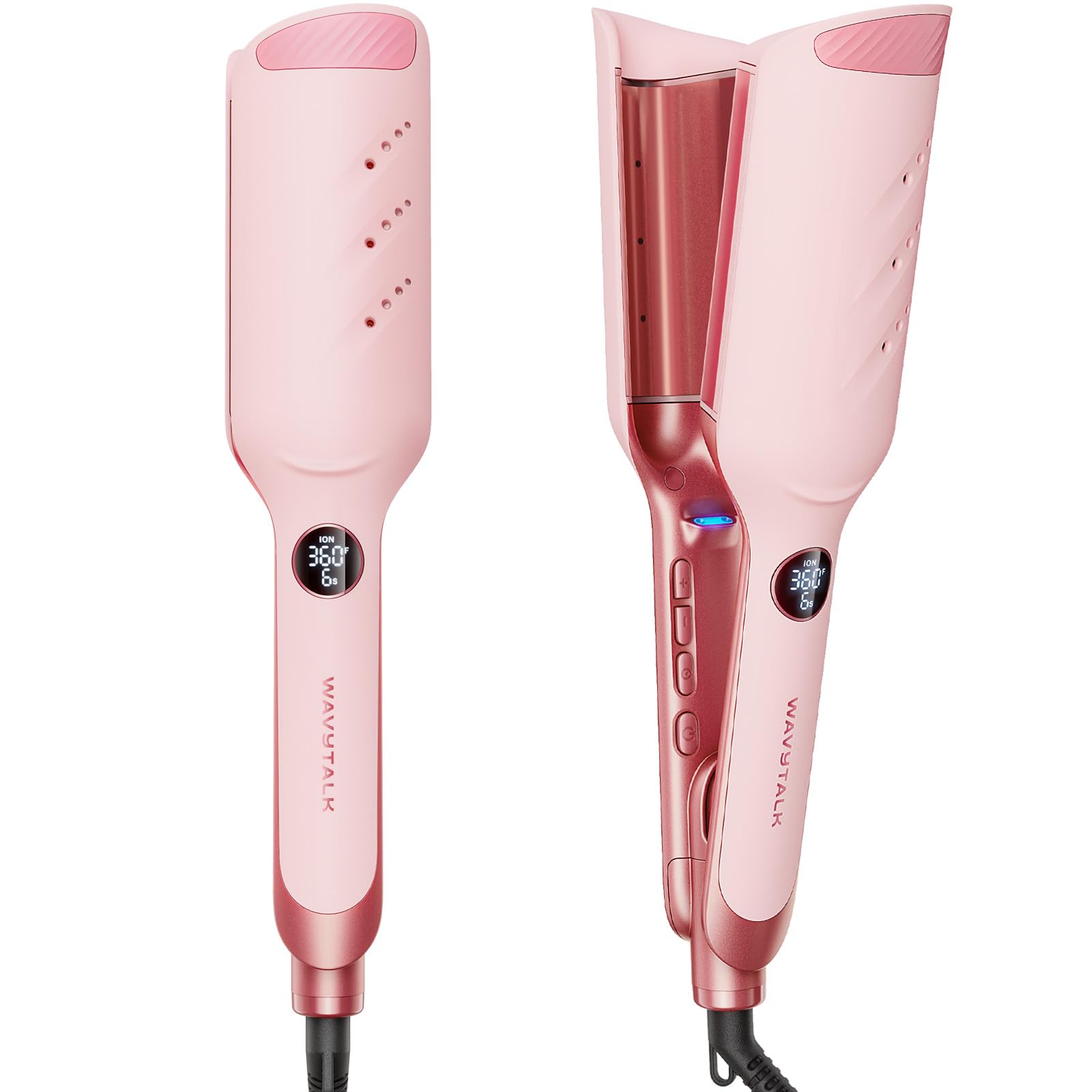 wavytalk front view showing dual barrels and ergonomic handle for easy styling
