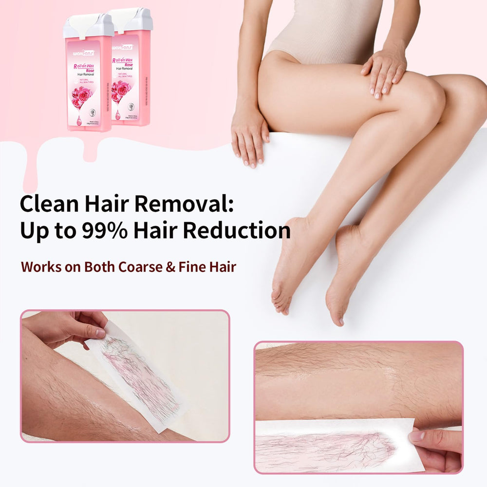 waxfans applying roll-on wax on leg for effective hair removal and long smoothness