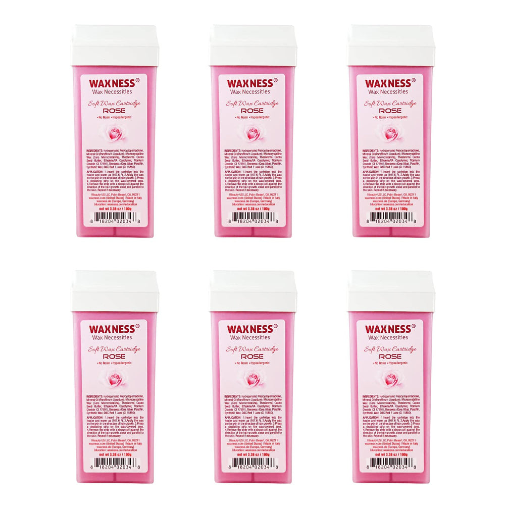 Waxness front packaging showing six rose cartridges and professional benefit
