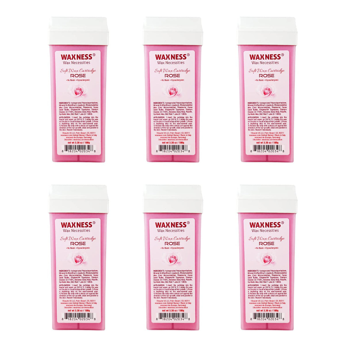 Waxness front packaging showing six rose cartridges and professional benefit