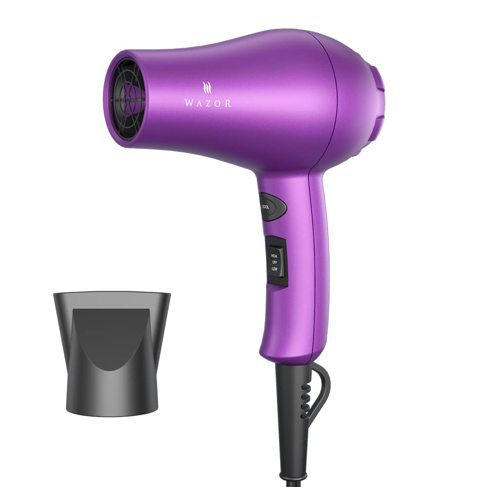 Wazor compact front view showing purple dryer and controls for easy travel styling